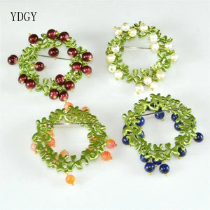 Cranberry Freshwater Pearl Green Stone Brooch