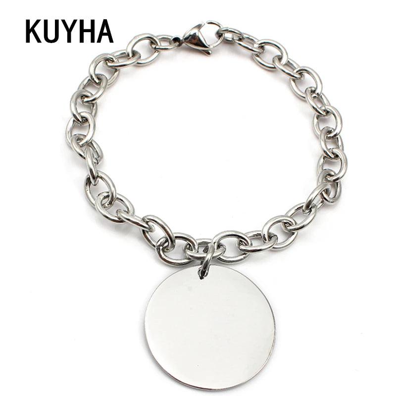Engravable Charm Pendant Women Chain Link Bracelet with Laser Logo