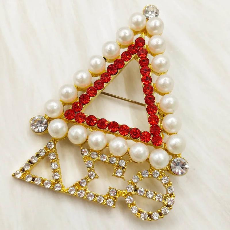 Greek Sorority Red Rhinestones Pearl Triangle Chram Brooch Pin