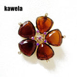 Brown Flowers Petal Brooches Glass Stones Vintage Accessories