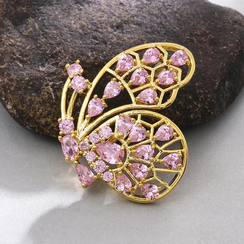 Pink Butterfly Brooch Pins for Women Girls CZ Wedding Bro