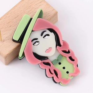 Acrylic Pink Hair Hat Lady Brooches Lapel Pins for Women's Clothing