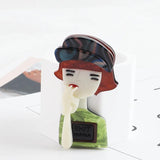 Punk Brown Hair Lady Acrylic Brooch Green Clothes Lapel Pins Badges