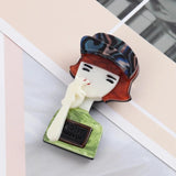 Punk Brown Hair Lady Acrylic Brooch Green Clothes Lapel Pins Badges