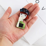 Punk Brown Hair Lady Acrylic Brooch Green Clothes Lapel Pins Badges