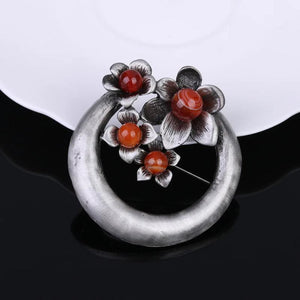 Vintage Red Stone Flower Brooch Pin Round Circle Brooches