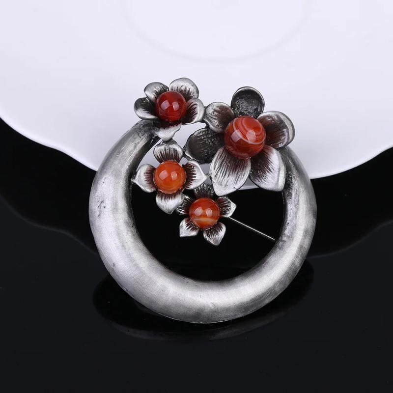 Vintage Red Stone Flower Brooch Pin Round Circle Brooches