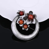 Vintage Red Stone Flower Brooch Pin Round Circle Brooches