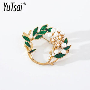 Vintage Flower Brooches Pearl Green Leaves Round Brooches YT048