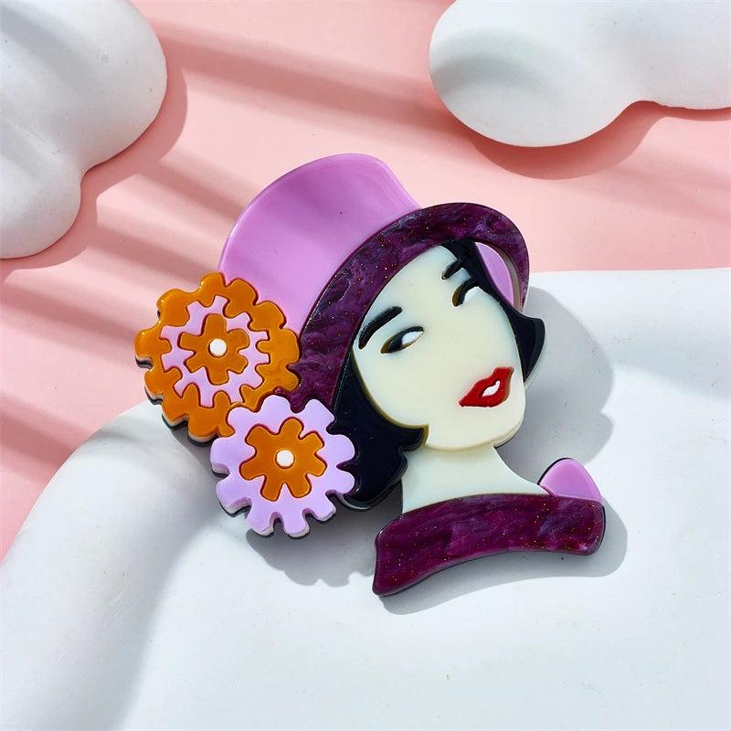 Stylish Girl in a Hat Brooches Acrylic Material Party Accessory