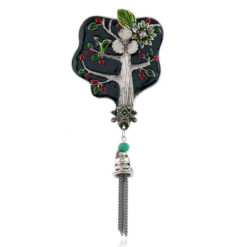 Enamel Fan Brooch Vintage Tassel Scarf Pin