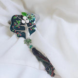 Enamel Fan Brooch Vintage Tassel Scarf Pin