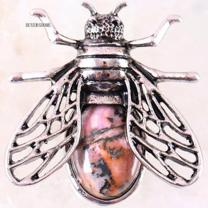 Cicada Brooch Natural Stone Pink Rhodonite Bead Pendant Gift