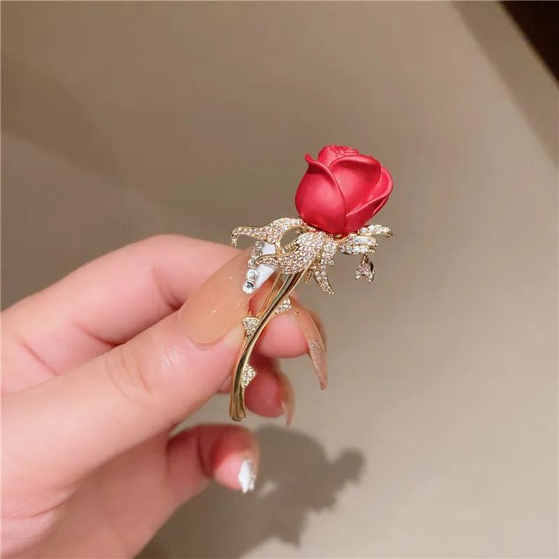 Red Rose Flower Brooch Pin for Women Christmas