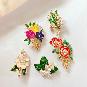 Vintage Flower Poppy Drop Glaze Enamel Pearl Brooch
