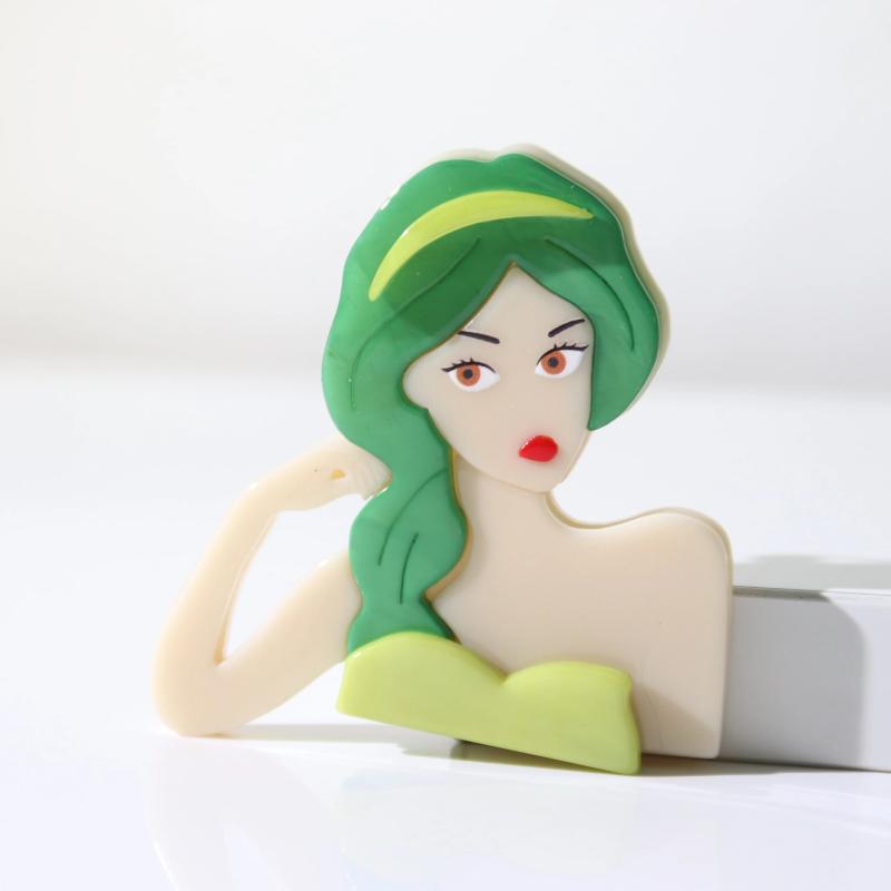 Acrylic Long Hair Lady Brooch for Women Resin Modern Girl Figure
