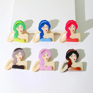 Acrylic Long Hair Lady Brooch for Women Resin Modern Girl Figure