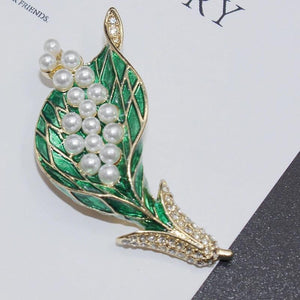 Green Leaf Brooch with Pearl, Traditional Alloy Brooch for Wedding and Banquet