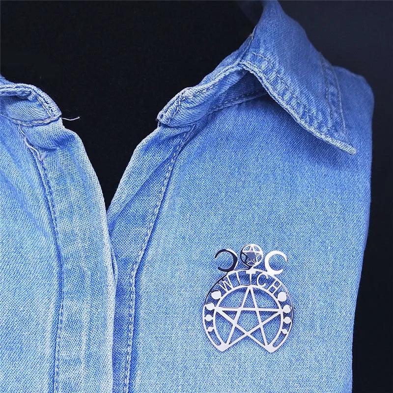 Witchcraft Moon Pentagram Stainless Steel Brooch