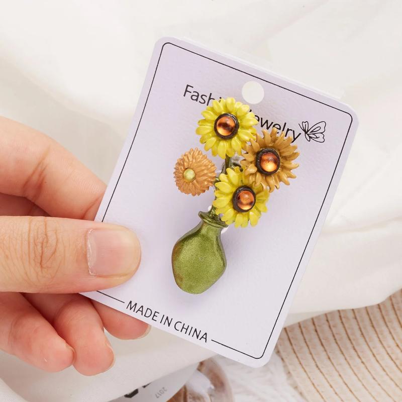 Sunflower Vase Brooch Pin Yellow Daisy Flower Jewelry Brooch