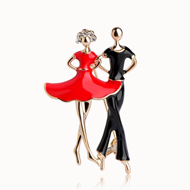 Red Enamel Social Dancing Women Brooch Gold-color Pins