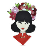 Acrylic Oriental Beauty Lady Brooch Flowers Cheongsam Dress Pin