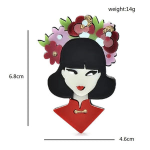 Acrylic Oriental Beauty Lady Brooch Flowers Cheongsam Dress Pin