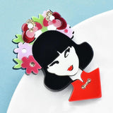 Acrylic Oriental Beauty Lady Brooch Flowers Cheongsam Dress Pin