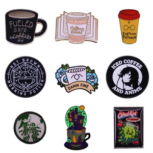 Classic Coffee Cup Pin Book Flower House Octopus Cartoon Brooch Backpack Lapel