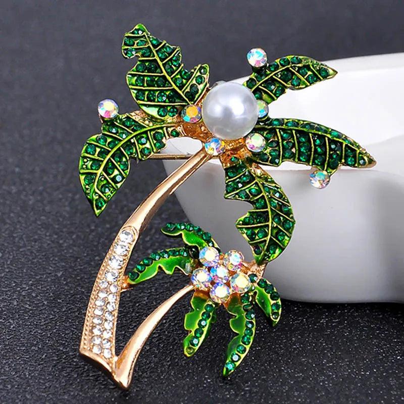Coconut Tree Brooch Green Pearl Pin Wedding Bridal Scarf Jewelry