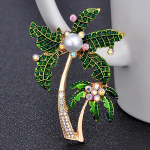 Coconut Tree Brooch Green Pearl Pin Wedding Bridal Scarf Jewelry