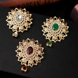 Morocco Brooch Pin Green Red Rhinestone Flower Hajib Pins Water Drop Crystal