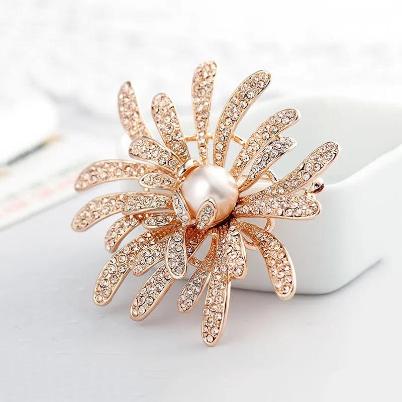 CZ Coral Flower Pearl Brooch Golden Costume Jewelry Hat Pin Suit Bijoux Femme