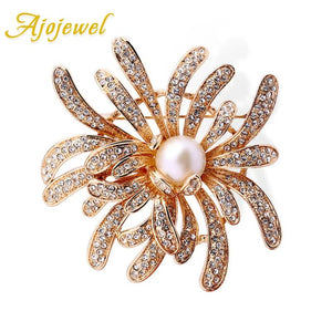 CZ Coral Flower Pearl Brooch Golden Costume Jewelry Hat Pin Suit Bijoux Femme