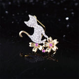 Copper Zircon Cat Lapel Pin for Women Flower Collar Pins Brooches Dress Jewelry