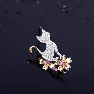 Copper Zircon Cat Lapel Pin for Women Flower Collar Pins Brooches Dress Jewelry