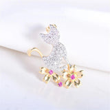 Copper Zircon Cat Lapel Pin for Women Flower Collar Pins Brooches Dress Jewelry