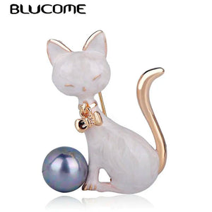 Cat Shape Bow Knot Brooch Gray Simulated Pearl Enamel Jewelry