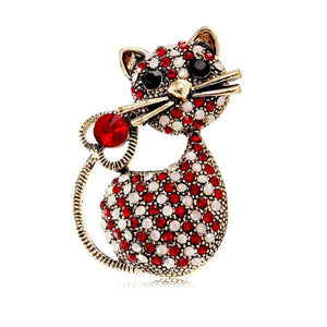 Vintage Cat Brooch Green/Red Rhinestones Safety Pin Animal Jewelry