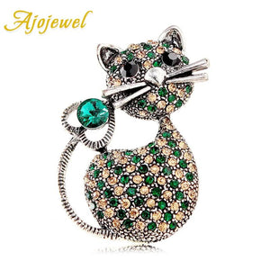 Vintage Cat Brooch Green/Red Rhinestones Safety Pin Animal Jewelry
