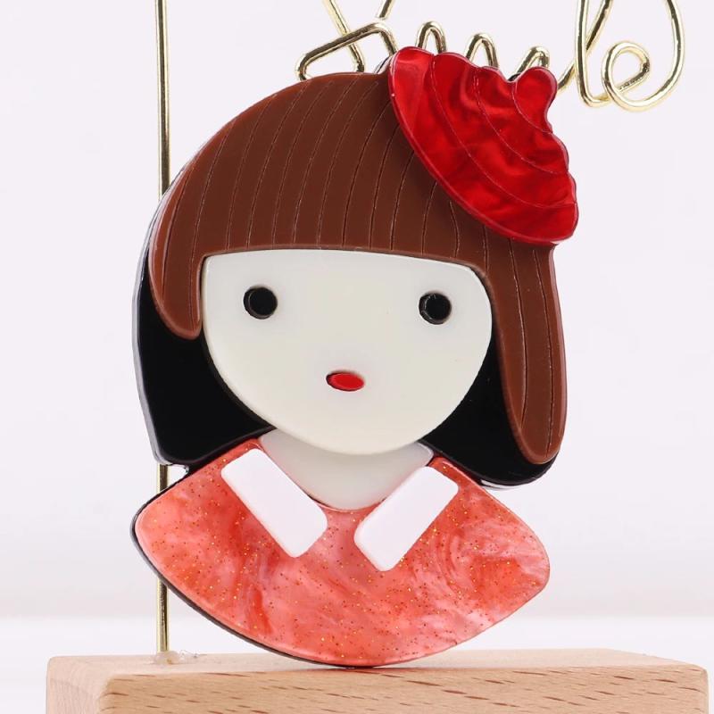 Acrylic Red Hat Girl Brooch for Women Kid Cartoon Short Hair Figure Lapel Pin