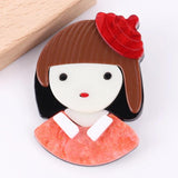 Acrylic Red Hat Girl Brooch for Women Kid Cartoon Short Hair Figure Lapel Pin