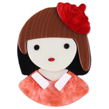Acrylic Red Hat Girl Brooch for Women Kid Cartoon Short Hair Figure Lapel Pin