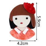 Acrylic Red Hat Girl Brooch for Women Kid Cartoon Short Hair Figure Lapel Pin