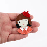 Acrylic Red Hat Girl Brooch for Women Kid Cartoon Short Hair Figure Lapel Pin