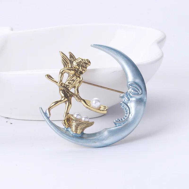 Retro Sun Moon Pearl Brooch Pin