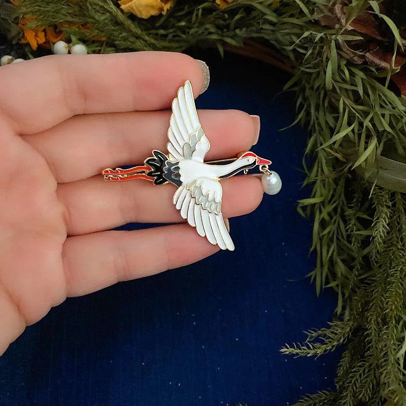 Enamel Drip Oil Crane Brooch Women's Clothing Accessories