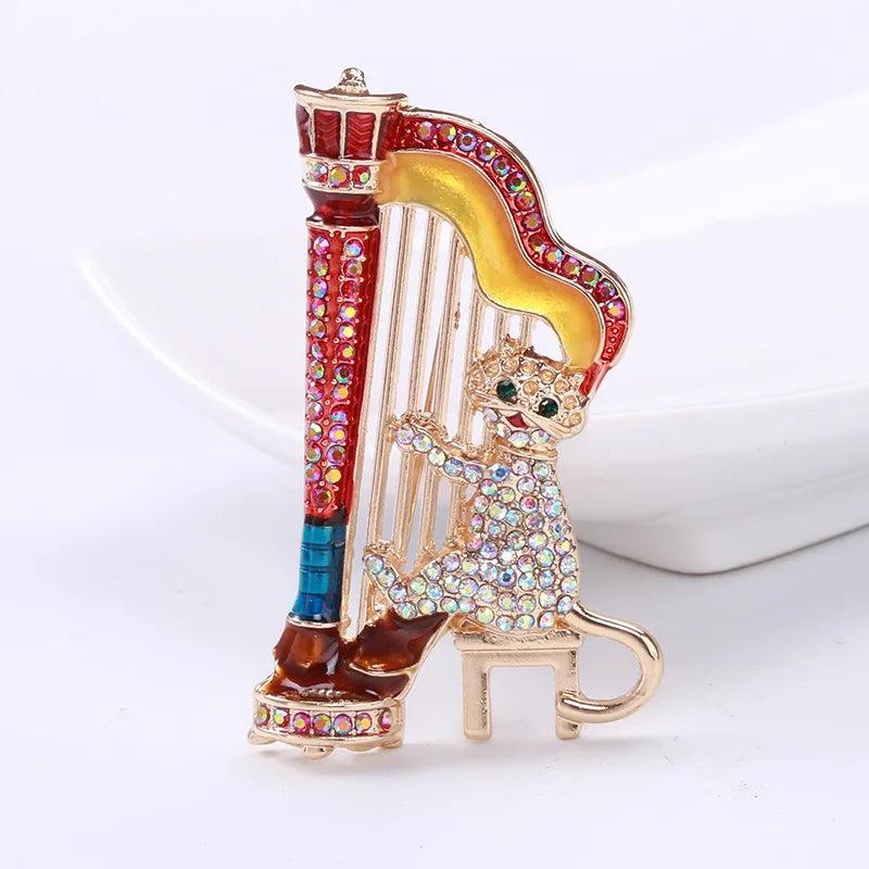 Music Cat Brooch Playing Harp Rhinestone Cartoon Pin