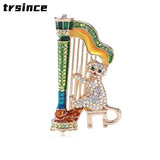 Music Cat Brooch Playing Harp Rhinestone Cartoon Pin