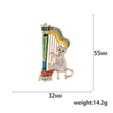 Music Cat Brooch Playing Harp Rhinestone Cartoon Pin